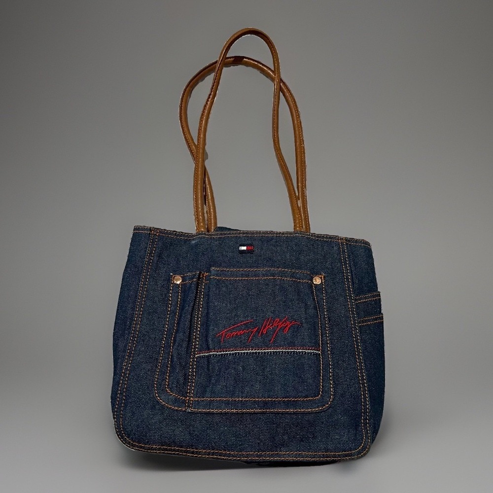 Tommy Hilfiger Womens Dark Blue Y2K Logo Embroidery Mini Small Denim Tote Bag